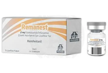 Remifentanil içeren çözelti: REMANEST 2 MG ENJEKSIYONLUK/INFUZYONLUK COZELTI HAZIRLAMAK ICI LIYOFILIZE TOZ ürün ambalajı. Üretici: POLİFARMA İLAÇ SAN. VE TİC. A.Ş.
