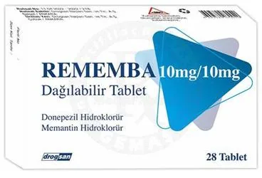 REMEMBA 10 MG/10 MG DAGILABILIR TABLET (28 TABLET) kutu fotoğrafı, tablet formunda memantin + donepezil içerir. Üretici: DROGSAN İLAÇLARI SAN. VE TİC. A.Ş.