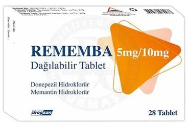 Memantin + donepezil içeren tablet: REMEMBA 5 MG/10 MG DAGILABILIR TABLET (28 TABLET) ambalajı. Üretici: DROGSAN İLAÇLARI SAN. VE TİC. A.Ş.