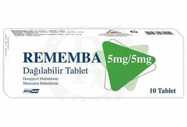 Memantin + donepezil içeren tablet: REMEMBA 5 MG/5 MG DAGILABILIR TABLET (10 TABLET) kutu fotoğrafı. Üretici: DROGSAN İLAÇLARI SAN. VE TİC. A.Ş.