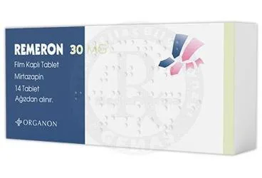 Mirtazapin içeren film kaplı tablet: REMERON 30 MG FILM KAPLI TABLET (14 TABLET) ambalajı. Üretici: ORGANON TURKEY İLAÇLARI LİMİTED ŞİRKETİ.