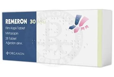 REMERON 30 MG FILM KAPLI TABLET (28 TABLET) (mirtazapin) kutu fotoğrafı, film kaplı tablet. Üretici: ORGANON TURKEY İLAÇLARI LİMİTED ŞİRKETİ.
