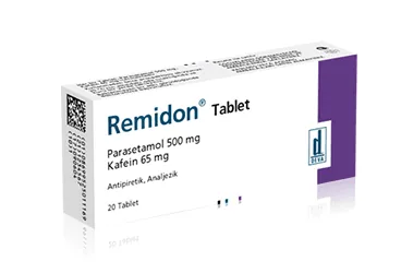 REMIDON 500 MG/ 65 MG TABLET (20 TABLET) ambalajı, tablet formunda parasetamol + kafein içerir. Üretici: DEVA HOLDİNG ANONİM ŞİRKETİ.