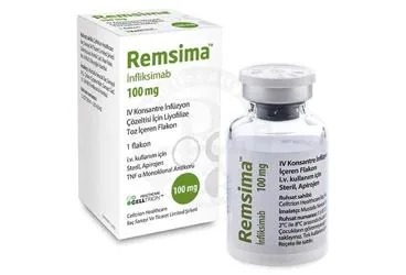 REMSIMA 100 MG I.V. INFUZYON COZELTISI HAZIRLAMAK ICIN LIYOFILIZE TOZ ICEREN 1 FLAKON ürün ambalajı. Infliksimab içeren çözelti. Üretici: CELLTRION HEALTHCARE İLAÇ SANAYİ VE TİCARET LİMİTED ŞİRKETİ.