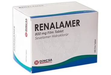 RENALAMER 800 MG 180 FILM TABLET (sevelamer hidroklorür) ürün ambalajı, film kaplı tablet. Üretici: DİNÇSA İLAÇ SAN. VE TİC. A.Ş.
