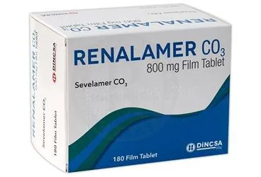 RENALAMER CO3 800 MG FILM TABLET ambalajı. Sevelamer hidroklorür içeren film kaplı tablet. Üretici: DİNÇSA İLAÇ SAN. VE TİC. A.Ş.