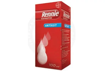 Antiasit kombinasyonlar içeren süspansiyon: RENNIE 100 ML SÜSPANSİYON ürün ambalajı. Üretici: BAYER TÜRK KİMYA SAN. LTD. ŞTİ.