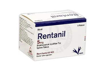 Remifentanil içeren flakon: RENTANIL 5 MG ENJEKSIYONLUK LIYOFILIZE TOZ ICEREN FLAKON kutusu. Üretici: VEM İLAÇ SAN. VE TİC. ANONİM ŞİRKETİ.