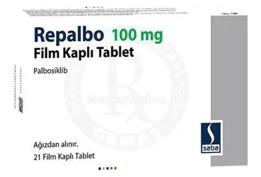 REPALBO 100 MG FILM KAPLI TABLET (21 FILM KAPLI TABLET) kutusu, film kaplı tablet formunda palbosiklib içerir. Üretici: SABA İLAÇ SANAYİİ VE TİCARET ANONİM ŞİRKETİ.