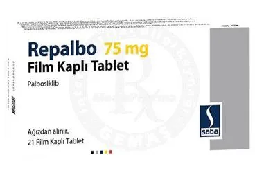 Palbosiklib içeren film kaplı tablet: REPALBO 75 MG FILM KAPLI TABLET (21 FILM KAPLI TABLET) ürün ambalajı. Üretici: SABA İLAÇ SANAYİİ VE TİCARET ANONİM ŞİRKETİ.