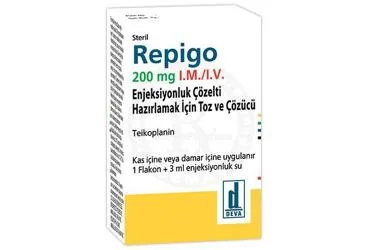 Teikoplanin içeren çözelti: REPİGO 200 MG I.M./I.V. ENJEKSİYONLUK ÇÖZELTİ HAZIRLAMAK İÇİN TOZ VE ÇÖZÜCÜ kutu fotoğrafı. Üretici: DEVA HOLDİNG ANONİM ŞİRKETİ.