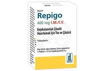 Teikoplanin içeren çözelti: REPİGO 400 MG I.M./I.V. ENJEKSİYONLUK ÇÖZELTİ HAZIRLAMAK İÇİN TOZ VE ÇÖZÜCÜ ambalajı. Üretici: DEVA HOLDİNG ANONİM ŞİRKETİ.