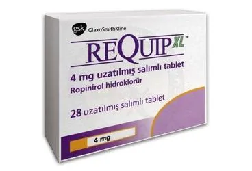 Ropinirol içeren tablet: REQUIP XL 4 MG UZATILMIŞ SALIMLI 28 TABLET ambalajı. Üretici: GLAXOSMİTHKLİNE İLAÇLARI SAN. VE TİC. A.Ş.