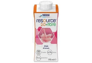Enteral beslenme içeren RESOURCE 2.0 FIBRE CILEK AROMALI 190 ML kutusu. Üretici: NESTLE TÜRKİYE GIDA SANAYİ ANONİM ŞİRKETİ.