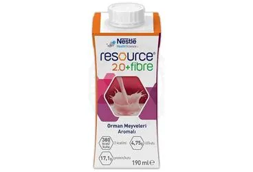 RESOURCE 2.0 FIBRE ORMAN MEYVELERI AROMALI 190 ML ürün ambalajı. Etkin maddesi enteral beslenme. Üretici: NESTLE TÜRKİYE GIDA SANAYİ ANONİM ŞİRKETİ.