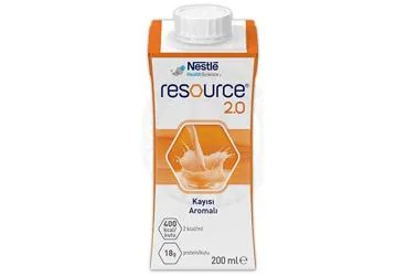 Enteral beslenme içeren RESOURCE 2.0 KAYISI AROMALI 200ML ambalajı. Üretici: NESTLE TÜRKİYE GIDA SANAYİ ANONİM ŞİRKETİ.