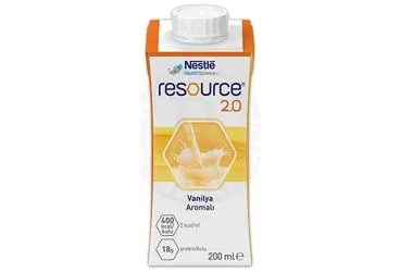 Enteral beslenme içeren RESOURCE 2.0 VANILYA AROMALI 200 ML ambalajı. Üretici: NESTLE TÜRKİYE GIDA SANAYİ ANONİM ŞİRKETİ.