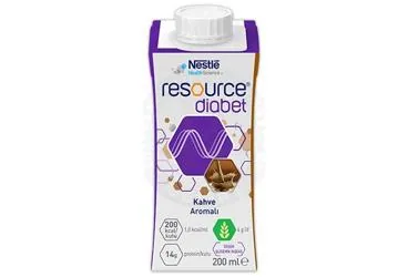 Beslenme solusyonu içeren RESOURCE DIABET KAHVE 200 ML kutusu. Üretici: NESTLE TÜRKİYE GIDA SANAYİ ANONİM ŞİRKETİ.