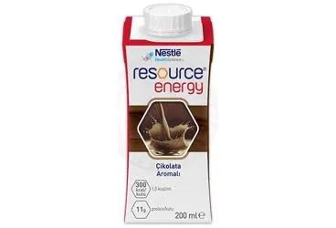 Beslenme solusyonu içeren RESOURCE ENERGY CIKOLATA AROMALI 200 ML kutusu. Üretici: NESTLE TÜRKİYE GIDA SANAYİ ANONİM ŞİRKETİ.