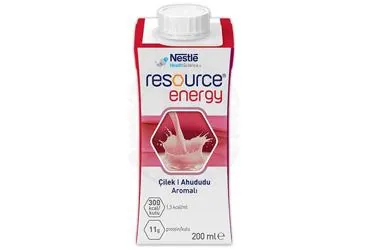 Beslenme solusyonu içeren RESOURCE ENERGY CILEK AHUDUDU 200 ML ürün ambalajı. Üretici: NESTLE TÜRKİYE GIDA SANAYİ ANONİM ŞİRKETİ.