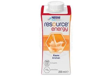 Beslenme solusyonu içeren RESOURCE ENERGY KAYISI 200 ML ürün ambalajı. Üretici: NESTLE TÜRKİYE GIDA SANAYİ ANONİM ŞİRKETİ.