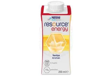 RESOURCE ENERGY VANILYA AROMALI 200 ML ürün ambalajı. Etkin maddesi beslenme solusyonu. Üretici: NESTLE TÜRKİYE GIDA SANAYİ ANONİM ŞİRKETİ.