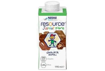 Enteral beslenme içeren RESOURCE JUNIOR FIBRE CIKOLATA AROMALI 190 ML ambalajı. Üretici: NESTLE TÜRKİYE GIDA SANAYİ ANONİM ŞİRKETİ.
