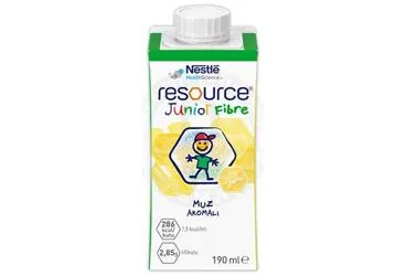RESOURCE JUNIOR FIBRE MUZ AROMALI 190 ML ambalajı. Etkin maddesi enteral beslenme. Üretici: NESTLE TÜRKİYE GIDA SANAYİ ANONİM ŞİRKETİ.