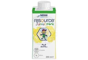 RESOURCE JUNIOR FIBRE MUZ AROMALI (200 ML) ambalajı. Etkin maddesi beslenme solusyonu. Üretici: NESTLE TÜRKİYE GIDA SANAYİ ANONİM ŞİRKETİ.