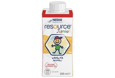 RESOURCE JUNIOR VANILYA AROMALI 200 ML ürün ambalajı. Etkin maddesi beslenme solusyonu. Üretici: NESTLE TÜRKİYE GIDA SANAYİ ANONİM ŞİRKETİ.