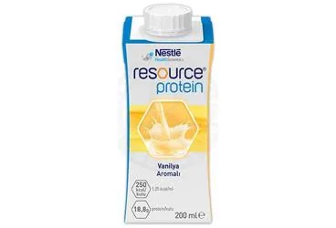 Beslenme solusyonu içeren RESOURCE PROTEIN VANILYA AROMALI 200 ML ürün ambalajı. Üretici: NESTLE TÜRKİYE GIDA SANAYİ ANONİM ŞİRKETİ.