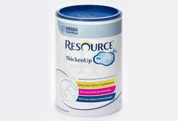 Beslenme solusyonu içeren RESOURCE THICKEN UP CLEAR 125 G kutusu. Üretici: NESTLE TÜRKİYE GIDA SANAYİ ANONİM ŞİRKETİ.