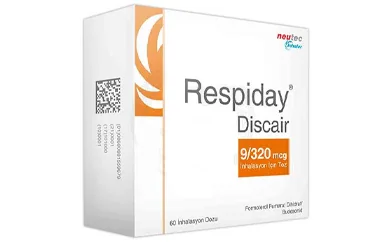 RESPIDAY DISCAIR 9/320 MCG INHALASYON ICIN TOZ (60 DOZ) kutu fotoğrafı. Formoterol + budesonid içeren inhalasyon aerosolü. Üretici: NEUTEC İNHALER İLAÇ SANAYİ VE TİCARET ANONİM ŞİRKETİ.