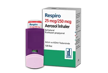 RESPIRO 25 MCG/250 MCG INHALASYON ICIN SUSPANSIYON ICEREN AEROSOL (120 DOZ) ambalajı. Salmeterol + flutikazon içeren inhalasyon aerosolü. Üretici: DEVA HOLDİNG ANONİM ŞİRKETİ.