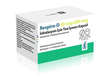 RESPIRO-D 50 MCG/250 MCG INHALASYON ICIN TOZ ICEREN KAPSUL kutu fotoğrafı. Salmeterol + flutikazon içeren inhalasyon aerosolü. Üretici: DEVA HOLDİNG ANONİM ŞİRKETİ.