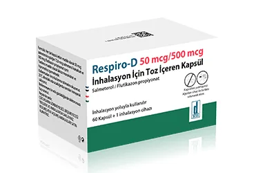 RESPIRO-D 50 MCG/500 MCG INHALASYON ICIN TOZ ICEREN KAPSUL (salmeterol + flutikazon) kutu fotoğrafı, inhalasyon aerosolü. Üretici: DEVA HOLDİNG ANONİM ŞİRKETİ.