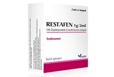RESTAFEN 1 G/2 ML IM ENJEKSIYONLUK COZELTI ICEREN 1 AMPUL ambalajı, çözelti formunda etofenamat içerir. Üretici: VEM İLAÇ SAN. VE TİC. ANONİM ŞİRKETİ.