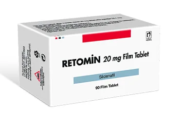 RETOMIN 20 MG 90 FILM TABLET ambalajı, film kaplı tablet formunda sildenafil sitrat içerir. Üretici: NOBEL İLAÇ SAN. VE TİC. A.Ş.