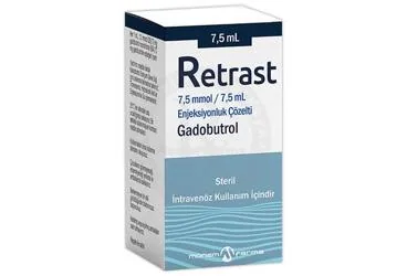 RETRAST 7,5 MMOL/ 7,5 ML ENJEKSIYONLUK COZELTI (gadobutrol) ambalajı, çözelti. Üretici: MONEMFARMA İLAÇ SAN. VE TİC. A.Ş.
