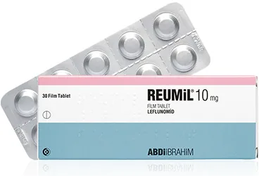 REUMIL 10 MG FILM TABLET ürün ambalajı. Leflunomid içeren film kaplı tablet. Üretici: ABDİ İBRAHİM İLAÇ SANAYİ VE TİCARET A.Ş.