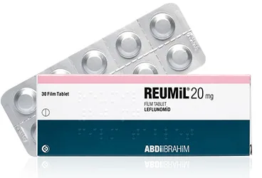 REUMIL 20 MG FILM TABLET ürün ambalajı. Leflunomid içeren film kaplı tablet. Üretici: ABDİ İBRAHİM İLAÇ SANAYİ VE TİCARET A.Ş.