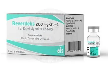 REVERDEKS 200 MG/2 ML I.V. ENJEKSIYONLUK COZELTI kutu fotoğrafı, çözelti formunda sugammadeks içerir. Üretici: AROMA İLAÇ SAN.LTD.ŞTİ.