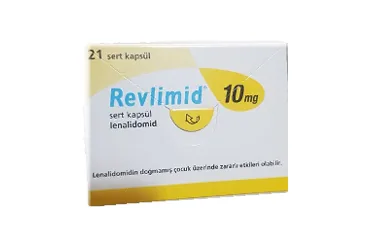 REVLIMID 10 MG 21 SERT KAPSUL ambalajı. Lenalidomid içeren kapsül. Üretici: ER-KİM İLAÇ SANAYİ VE TİCARET A.Ş.