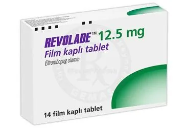Eltrombopag içeren film kaplı tablet: REVOLADE 12,5 MG 14 FILM KAPLI TABLET ambalajı. Üretici: NOVARTİS SAĞLIK GIDA VE TARIM ÜRÜNLERİ SANAYİ VE TİCARET ANONİM ŞİRKETİ.
