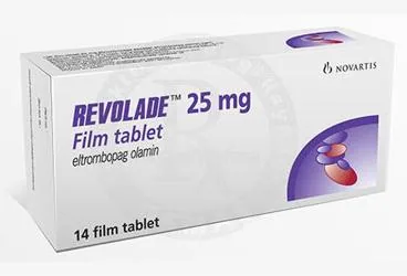 REVOLADE 25 MG 14 FILM KAPLI TABLET ürün ambalajı. Eltrombopag içeren film kaplı tablet. Üretici: NOVARTİS SAĞLIK GIDA VE TARIM ÜRÜNLERİ SANAYİ VE TİCARET ANONİM ŞİRKETİ.