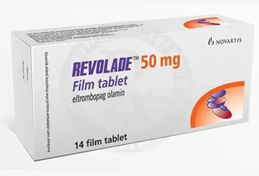 REVOLADE 50 MG 14 FILM KAPLI TABLET kutusu, film kaplı tablet formunda eltrombopag içerir. Üretici: NOVARTİS SAĞLIK GIDA VE TARIM ÜRÜNLERİ SANAYİ VE TİCARET ANONİM ŞİRKETİ.