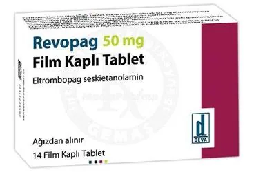 REVOPAG 50 MG 14 FILM KAPLI TABLET (eltrombopag) ambalajı, film kaplı tablet. Üretici: DEVA HOLDİNG ANONİM ŞİRKETİ.