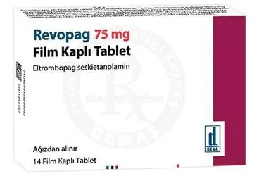 REVOPAG 75 MG FILM KAPLI TABLET (14 ADET) ürün ambalajı. Eltrombopag içeren film kaplı tablet. Üretici: DEVA HOLDİNG ANONİM ŞİRKETİ.