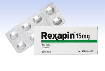 Olanzapin içeren film kaplı tablet: REXAPIN 15 MG 28 FILM TABLET ambalajı. Üretici: ABDİ İBRAHİM İLAÇ SANAYİ VE TİCARET A.Ş.