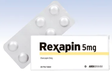 REXAPIN 5 MG 28 FİLM TABLET ürün ambalajı. Olanzapin içeren film kaplı tablet. Üretici: ABDİ İBRAHİM İLAÇ SANAYİ VE TİCARET A.Ş.